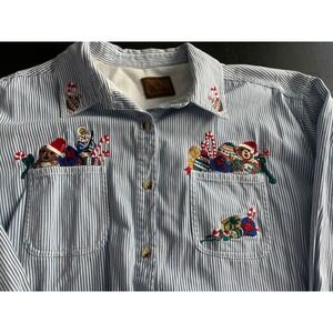 Penningtons Womens Blue White Striped Christmas Embroidered Button Cotton Shirt